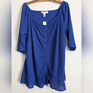 Addition Elle, Royal blue, 3/4 length sleeve, crepe shirt with ruffled hem.
